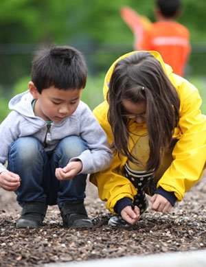 boy and girl picking up sticks